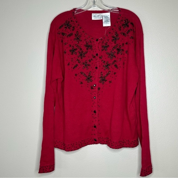 Kathie Lee Collection Women’s Sweater Red With Black Beading Long Sleeve Size XL - Picture 1 of 8